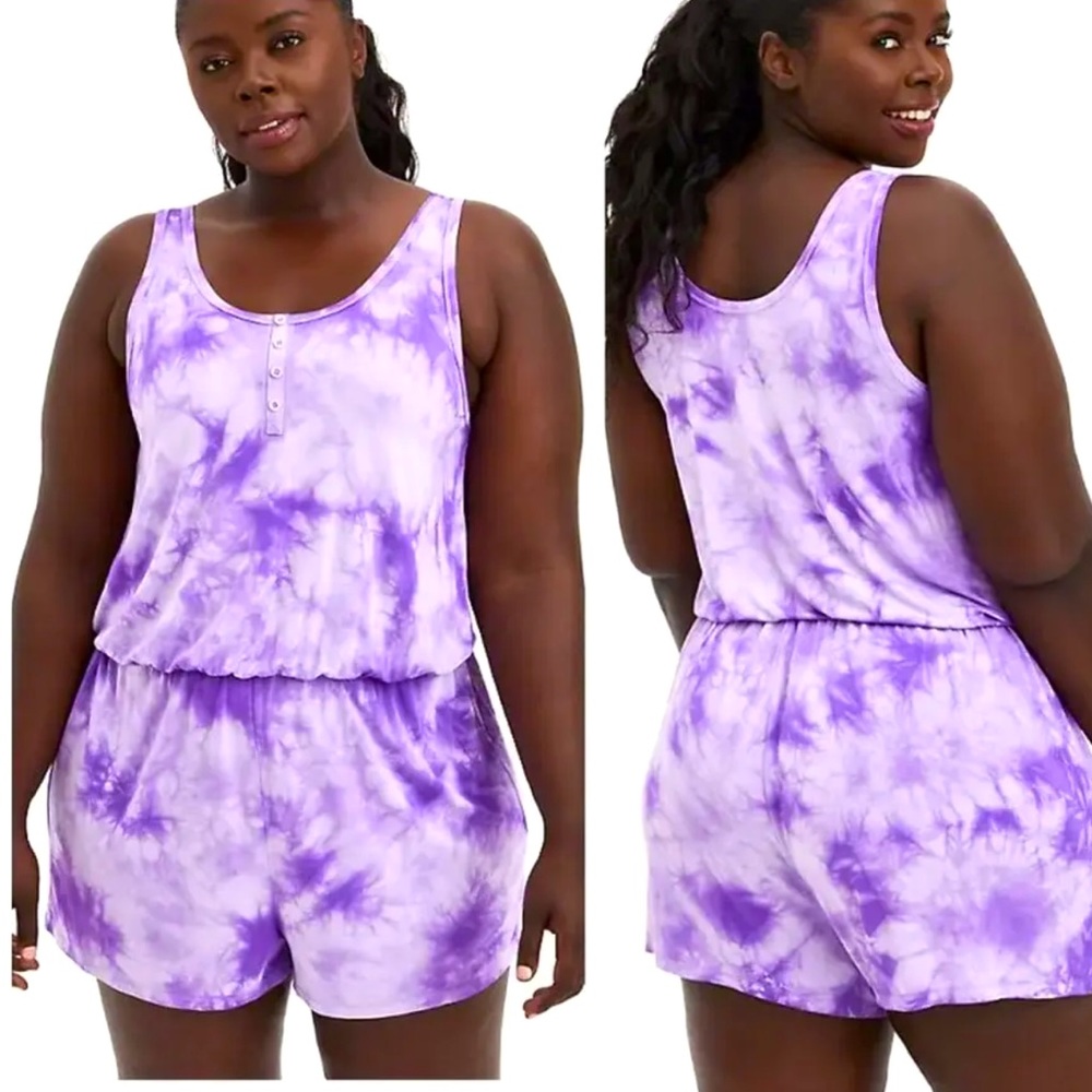 NWT Torrid 1 (1X) Purple Tie Dye Super Soft Sleep Lounge Romper Pajamas